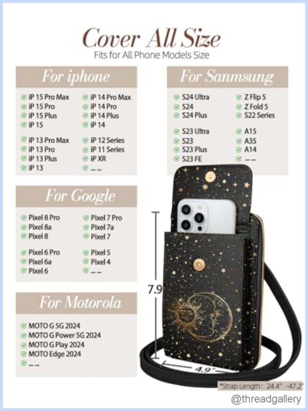 Leather Crossbody Phone Purse for Women Fits 7.9in Phone Adjustable Strap - Picture 2 of 6